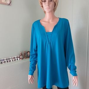 Christine Alt #485 Women's Blouse Sz 1X Turquoise Preowned Long Sleeve